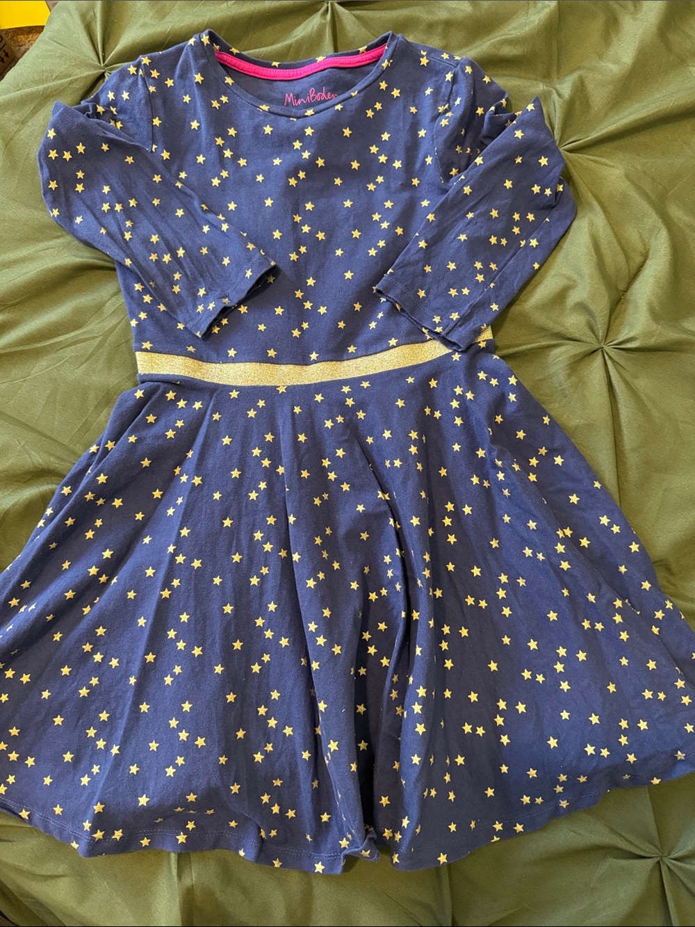Mini Boden Navy Dress with Gold Star Print and Gold Waistband
